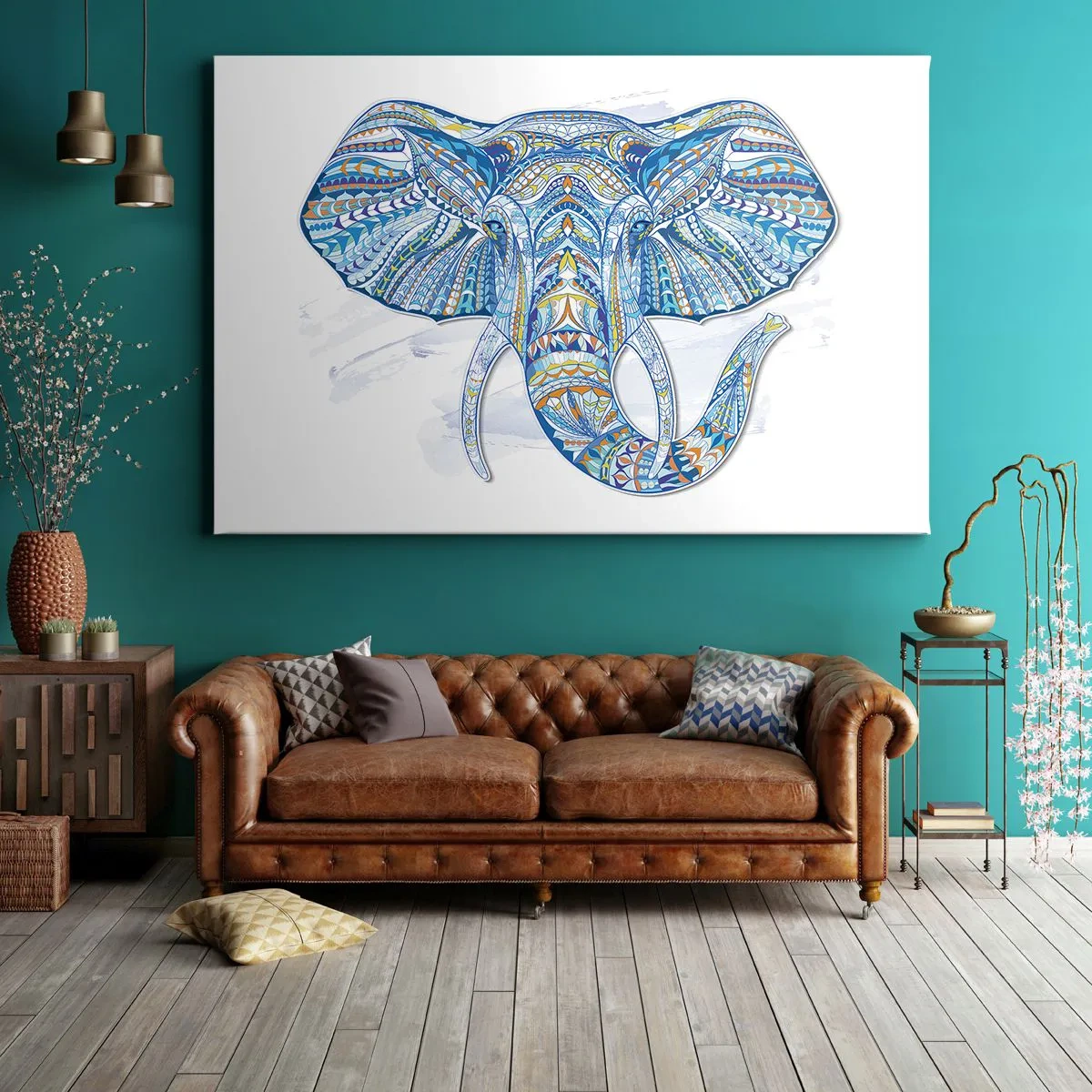 Vászonkép - Geometrikus elefánt kék és arany árnyalatokban - 70x50cm - Arannyal és kékkel kirakott - Modern fali dekoráció nappalihoz és hálószobához ARTTOR