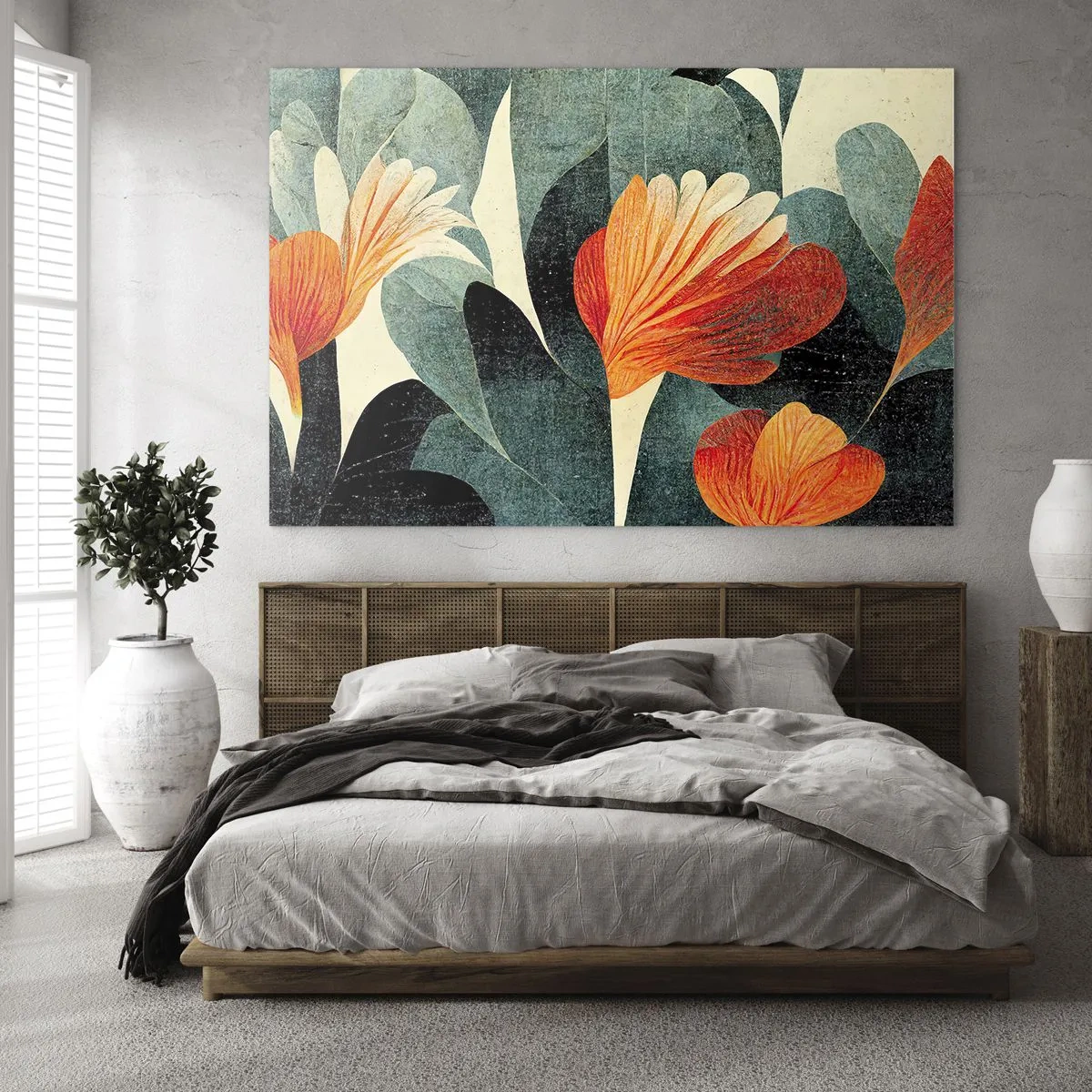 Üveg kép - Narancssárga virágok sötétzöld levelek hátterében - 70x50cm - A trópusok forrósága és a zöldellő hűvösség - Modern fali dekoráció nappalihoz és hálószobához ARTTOR