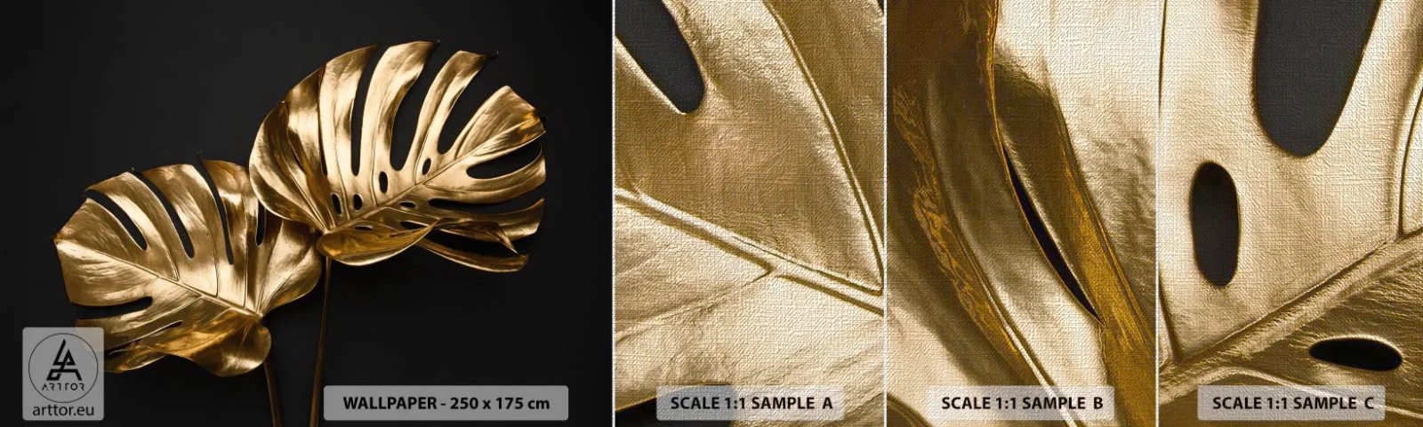 Fotótapéta Minta Premium Canvas - A természet kincsei - Absztrakció, Arany levelek, Monstera levél - 100x30 cm