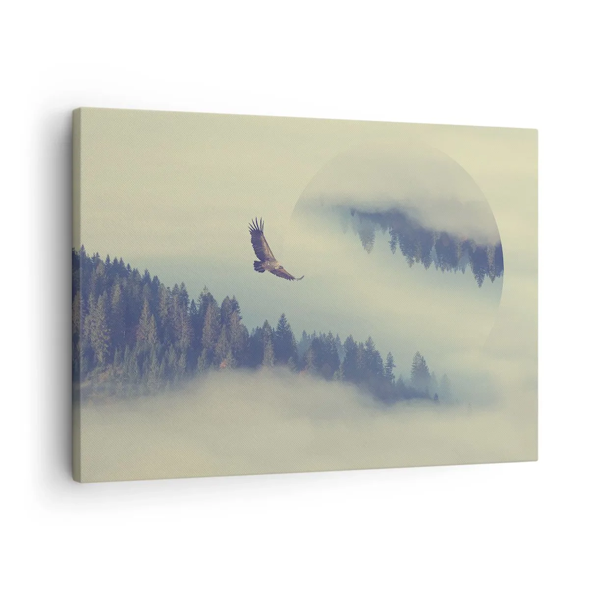 Vászonkép - Egy repülő sas ködös hegyek hátterében, művészi körmotívummal - 70x50cm - Láttam egy sas árnyékát - Modern fali dekoráció nappalihoz és hálószobához ARTTOR