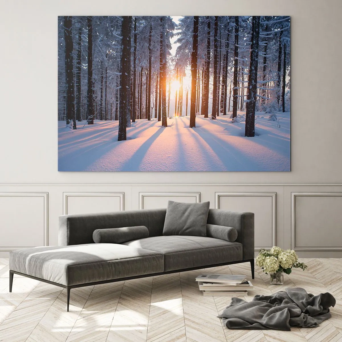 Üveg kép - Téli erdő, a fák között átsütő napsugarakkal - 70x50cm - Egyértelműen fekete-fehéren - Modern fali dekoráció nappalihoz és hálószobához ARTTOR