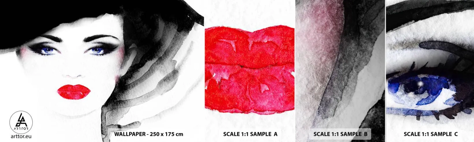 Fotótapéta Minta Standard Eco - Elutasít és hív - Női Arc, vörös ajkak, Kék szemek - 100x30 cm