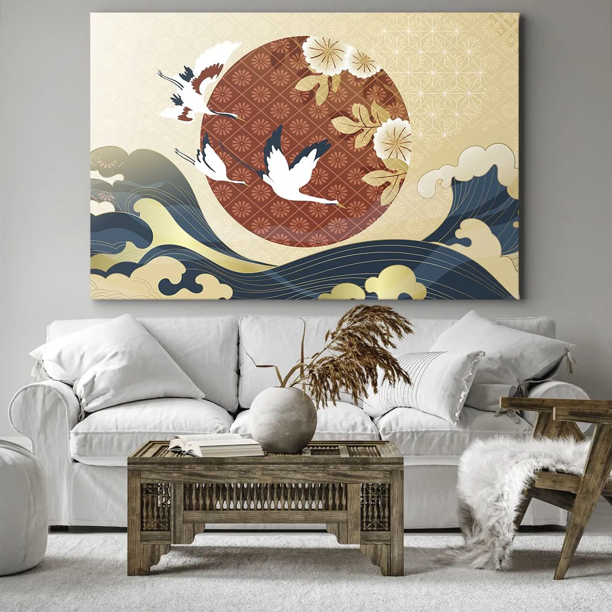Vászonkép - Japán kompozíció darukkal és hullámokkal - 70x50cm - Japán mese - Modern fali dekoráció nappalihoz és hálószobához ARTTOR