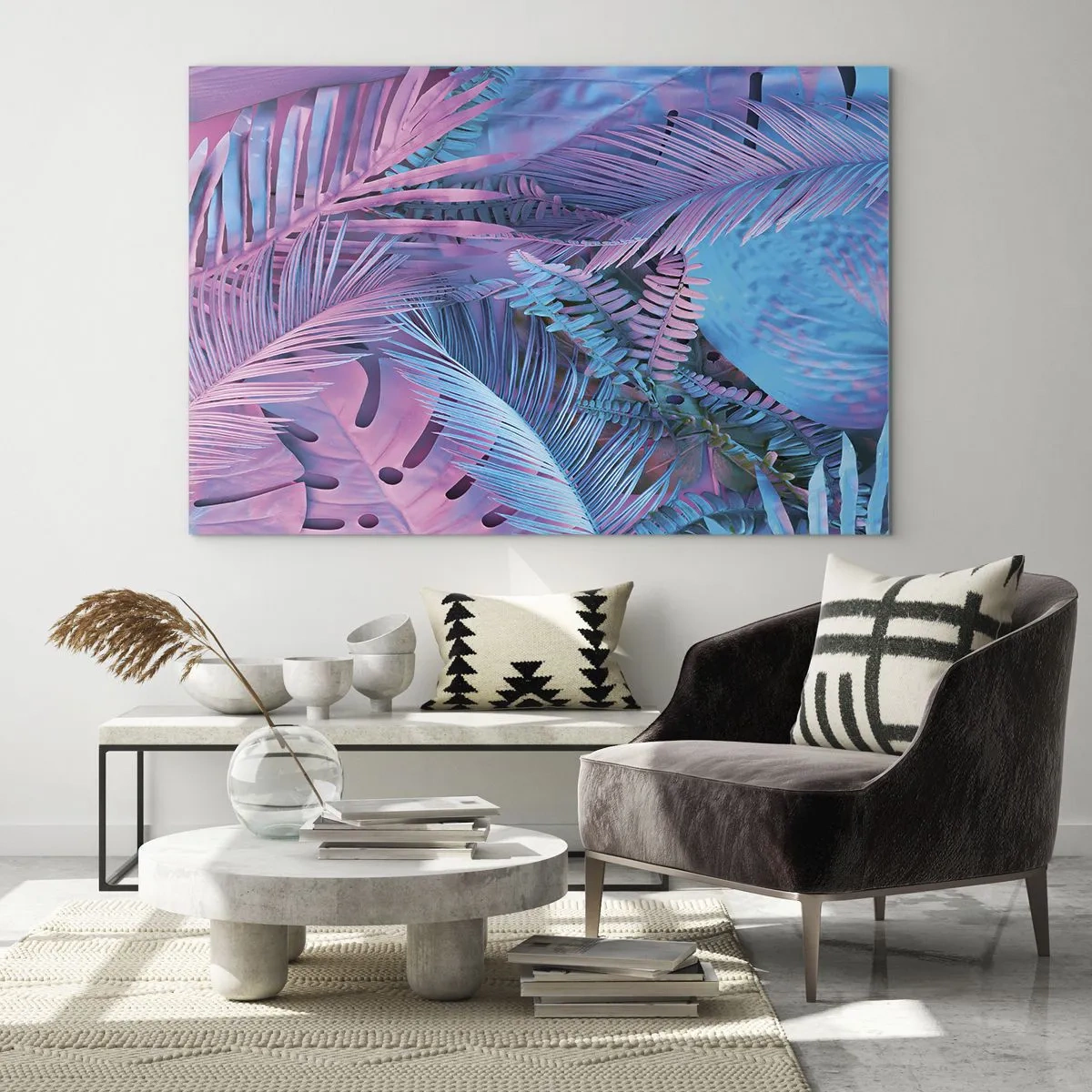 Üveg kép - Trópusok rózsaszínben és kékben - 100x70 cm