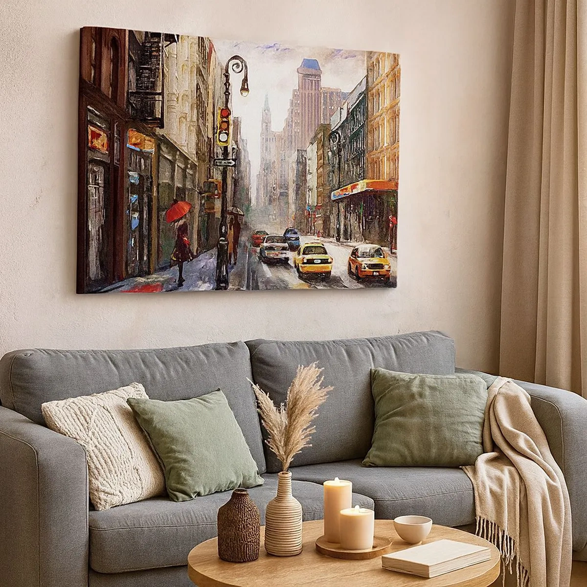 Vászonkép - Városkép egy utcával és sárga taxikkal - 70x50cm - New York – esőben is színes - Modern fali dekoráció nappalihoz és hálószobához ARTTOR