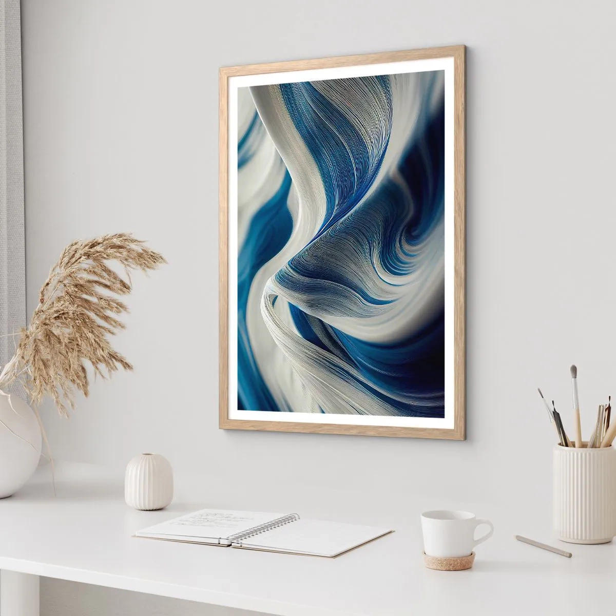 Poszter világos tölgy keretben - Kék és fehér folyékonysága - 50x70 cm