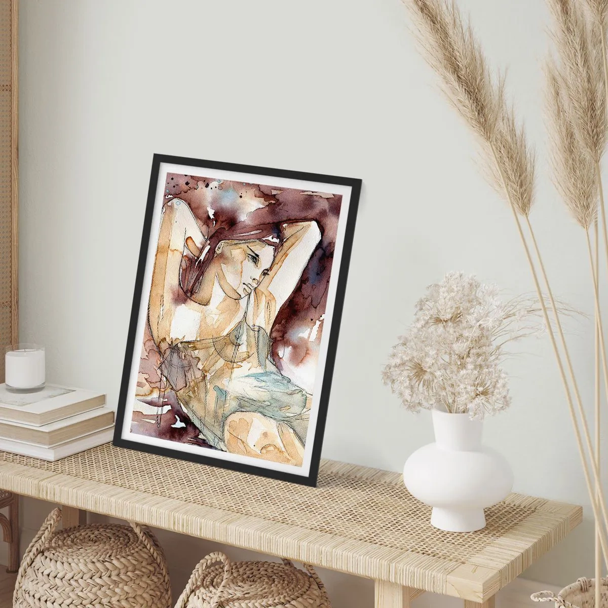 Poszter fehér keretben - Barna árnyalatú nő művészi sziluettje - 50x70cm - Lila hangulatban - Modern fali dekoráció nappalihoz és hálószobához ARTTOR