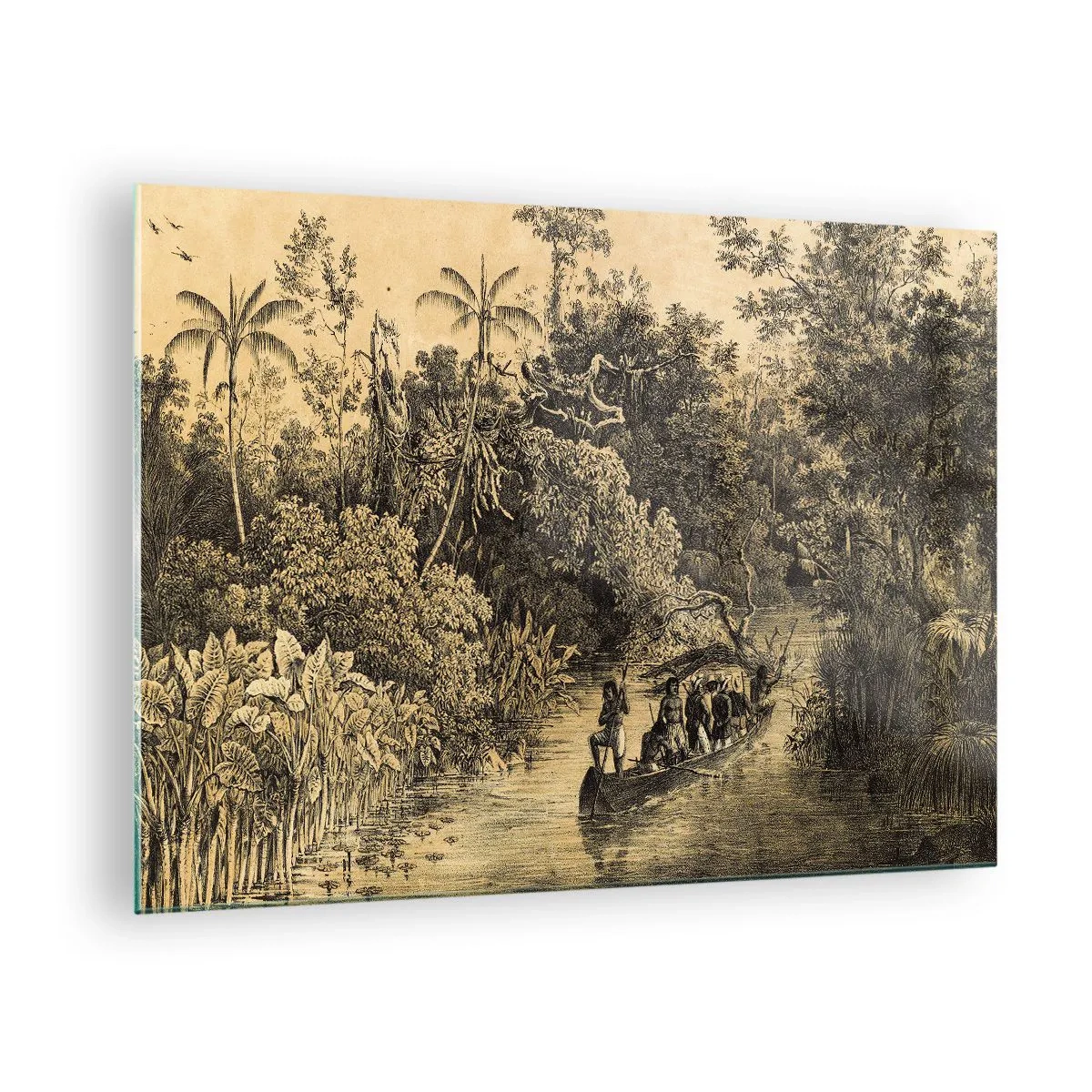 Üveg kép - Dzsungelen átívelő utazást ábrázoló retró nyomat - 70x50cm - Expedíció a forráshoz - Modern fali dekoráció nappalihoz és hálószobához ARTTOR