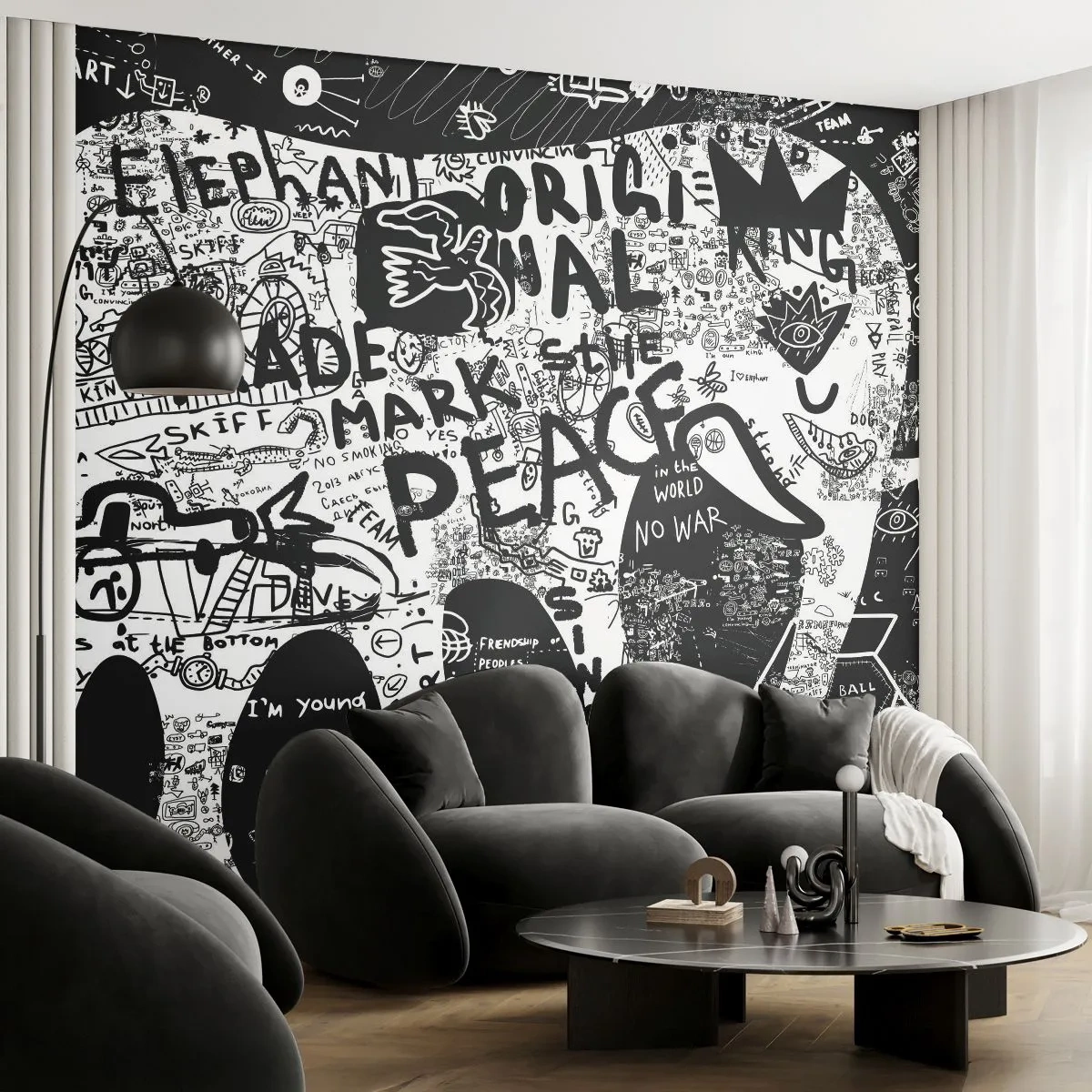 Fotótapéta Standard Eco - Fekete-fehér graffiti szavakkal és szimbólumokkal - 100x70cm - Gazdag utcavilág - Modern fali dekoráció nappalihoz és hálószobához ARTTOR