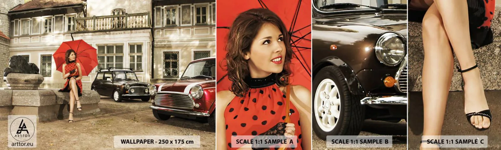 Fotótapéta Minta Öntapadós Deluxe Sticker - Szentimentális mini utazás - Nő, Építészet, Autó - 100x30 cm