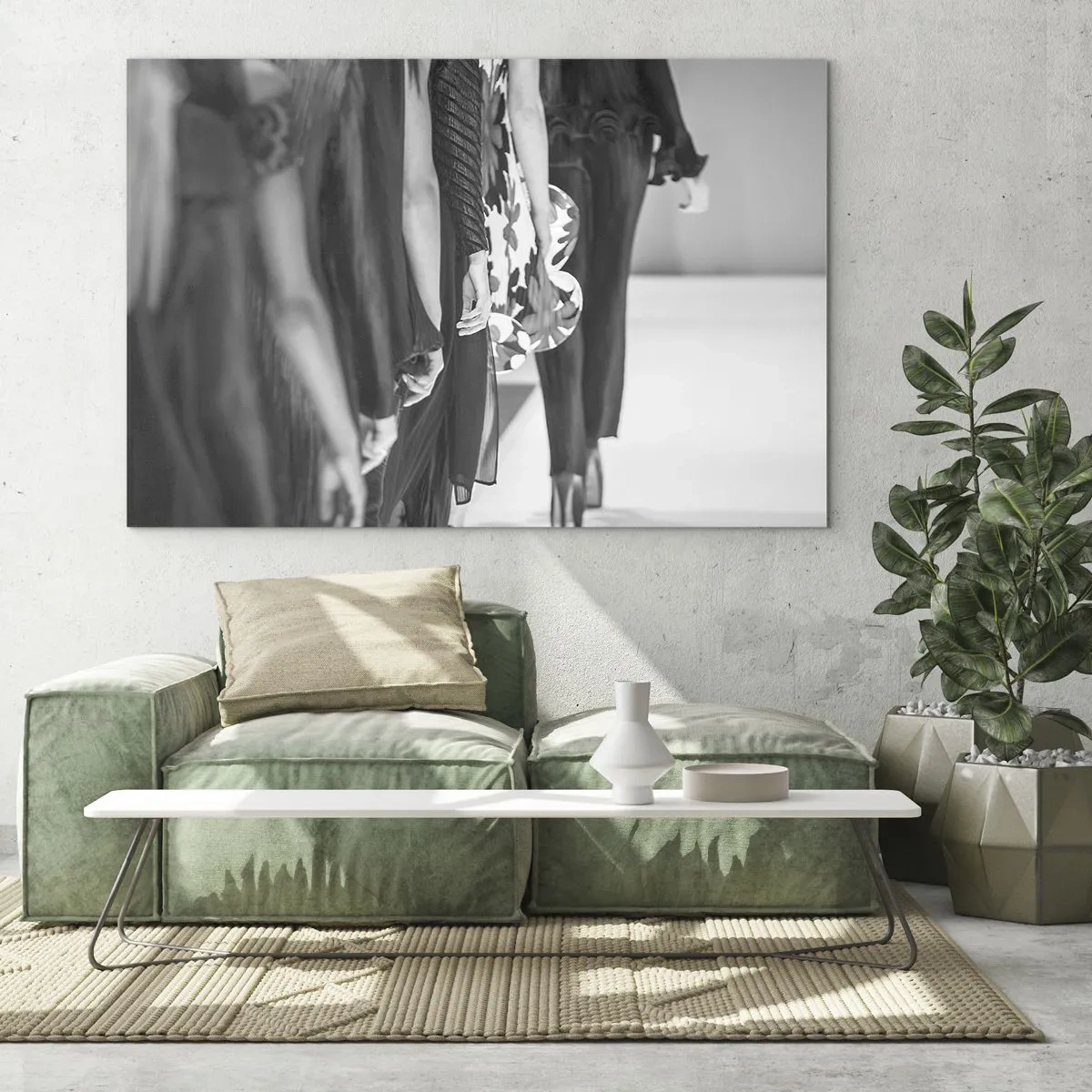 Üveg kép - Egy fekete-fehér jelenet egy divatbemutatóról, modellek a kifutón. - 70x50cm - Stílusos felvonulás - Modern fali dekoráció nappalihoz és hálószobához ARTTOR