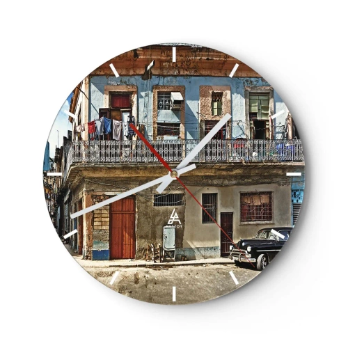 Falióra, Óra - Egy régi épület színes homlokzata erkéllyel és mosókonyhával - 30x30cm - Havannai hangulat - Modern fali dekoráció nappalihoz, konyhához és hálószobához ARTTOR