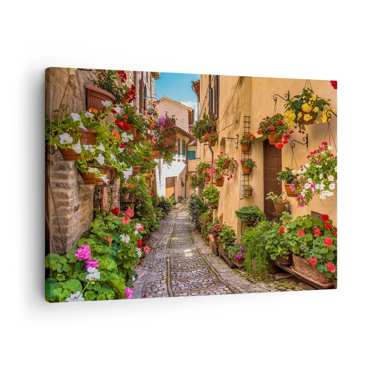 Vászonkép - Egy bájos utca tele virágokkal és virágcserepekkel - 70x50cm - Olasz sikátor - Modern fali dekoráció nappalihoz és hálószobához ARTTOR