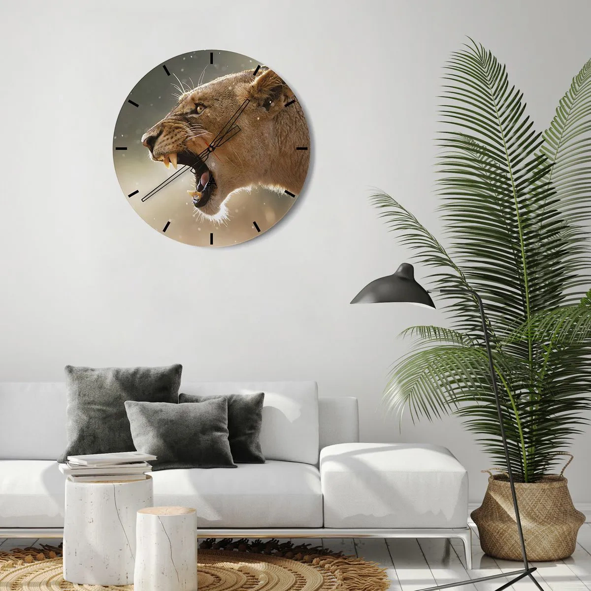 Falióra, Óra - Egy ordító oroszlánnő a megvilágított természet hátterében - 30x30cm - Próbálj meg nem hallgatni - Modern fali dekoráció nappalihoz, konyhához és hálószobához ARTTOR