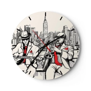 Falióra, Óra - Egy óra számlap dzsesszzenészeket ábrázoló motívummal New York City hátterében - 30x30cm - New York-i improvizáció - Modern fali dekoráció nappalihoz, konyhához és hálószobához ARTTOR