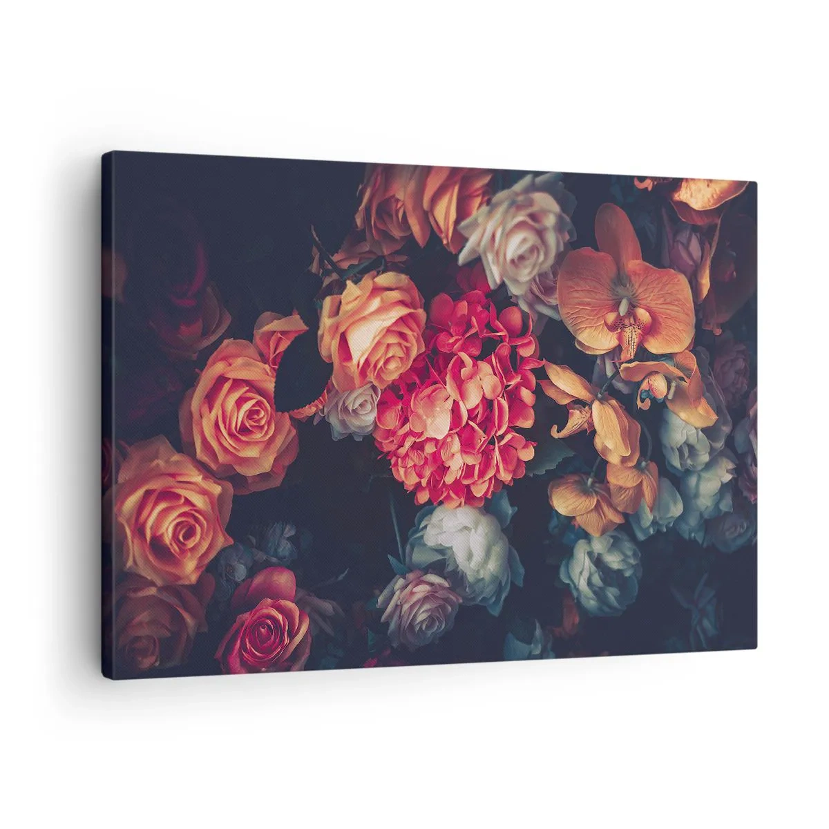 Vászonkép - Különböző virágok csokor sötét tónusokban - 70x50cm - Mint a holland mestereknél - Modern fali dekoráció nappalihoz és hálószobához ARTTOR