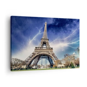 Vászonkép - Az Eiffel-torony viharos égbolttal és villámlással a háttérben - 70x50cm - A viharok uralkodója - Modern fali dekoráció nappalihoz és hálószobához ARTTOR