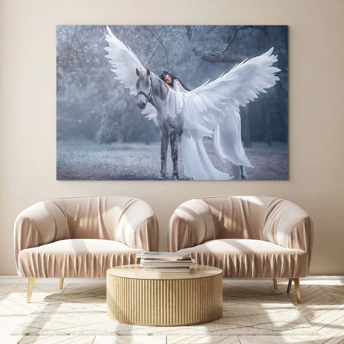 Üveg kép - Fehér szárnyú Pegazus és egy ruhás nő egy misztikus erdőben - 70x50cm - Egy ihletett pillanat - Modern fali dekoráció nappalihoz és hálószobához ARTTOR