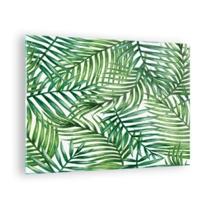 Üveg kép - Zöld pálmalevelek fehér alapon, geometrikus mintát hozva létre - 70x50cm - A zöld lombkorona alatt - Modern fali dekoráció nappalihoz és hálószobához ARTTOR