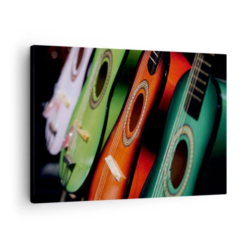 Vászonkép - Színes gitárok különböző árnyalatokban, sorban elrendezve - 70x50cm - A gitárnak sok színe van - Modern fali dekoráció nappalihoz és hálószobához ARTTOR