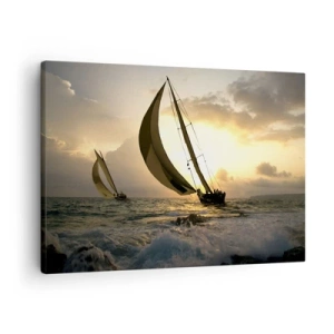 Vászonkép - Vitorláshajók a tengeren naplementekor - 70x50cm - Széllel és széllel szemben - Modern fali dekoráció nappalihoz és hálószobához ARTTOR
