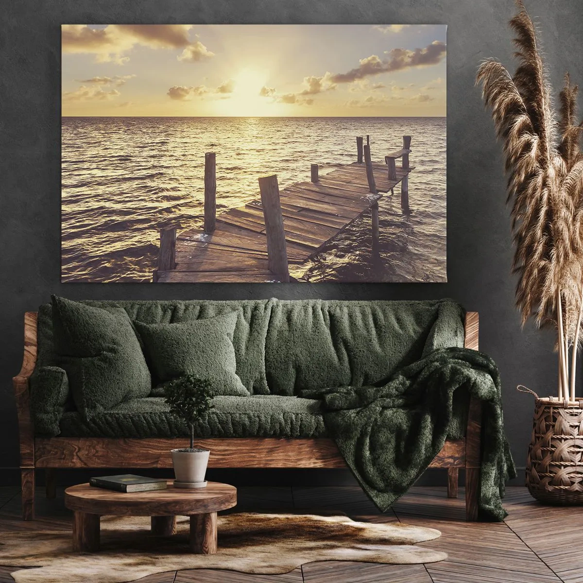 Vászonkép - Egy fa móló vezet a naplemente felé - 70x50cm - A szelídség aranyföldje - Modern fali dekoráció nappalihoz és hálószobához ARTTOR
