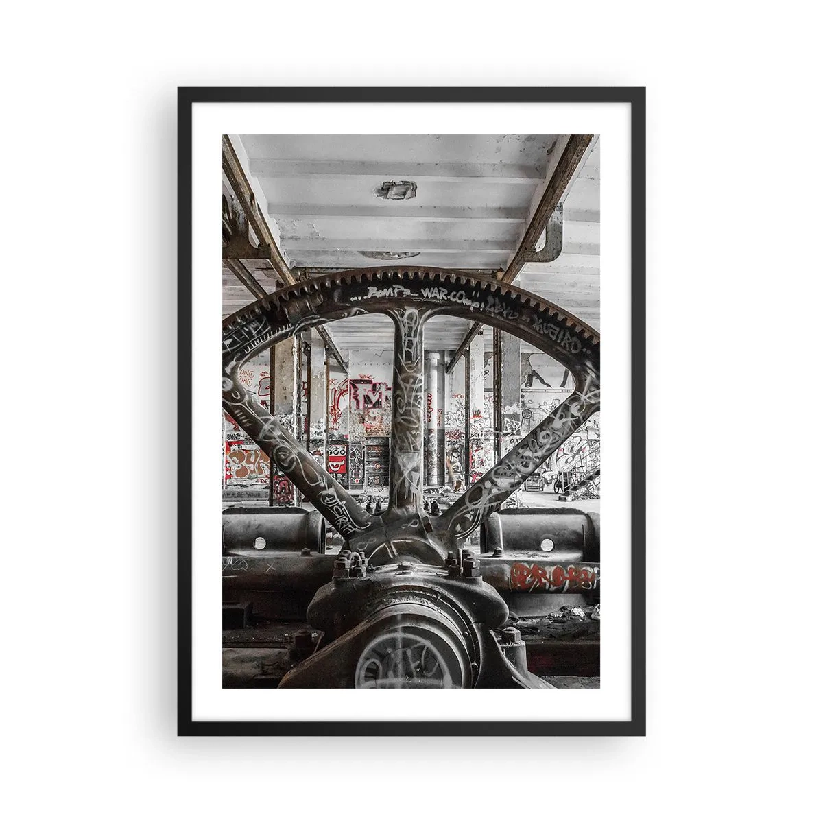 Poszter fehér keretben - Ipari graffitigép egy elhagyatott gyárban - 50x70cm - A gyár titkos élete - Modern fali dekoráció nappalihoz és hálószobához ARTTOR