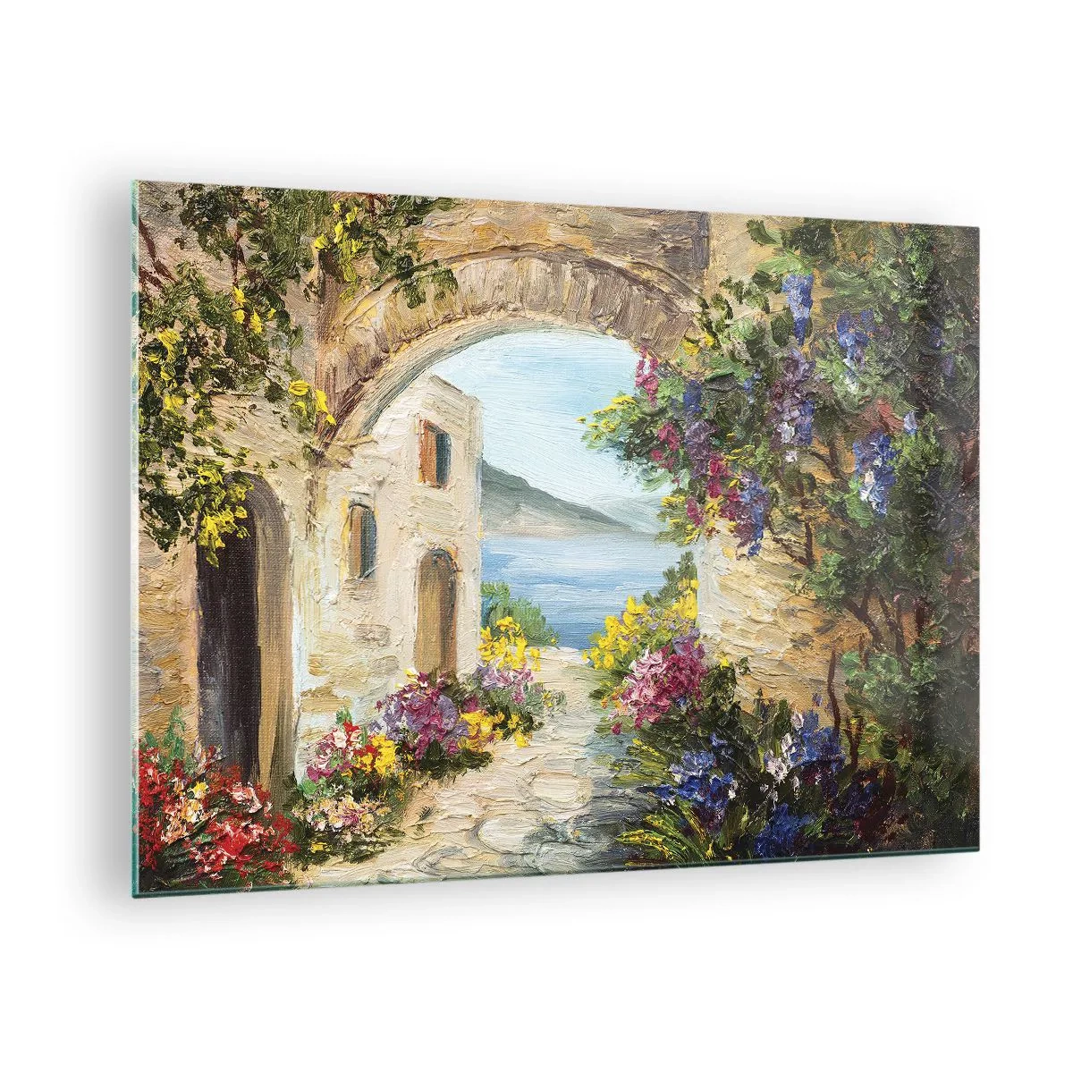 Üveg kép - Festői utca, kilátással a tóra - 70x50cm - Egy tengerparti vidék varázsa - Modern fali dekoráció nappalihoz és hálószobához ARTTOR