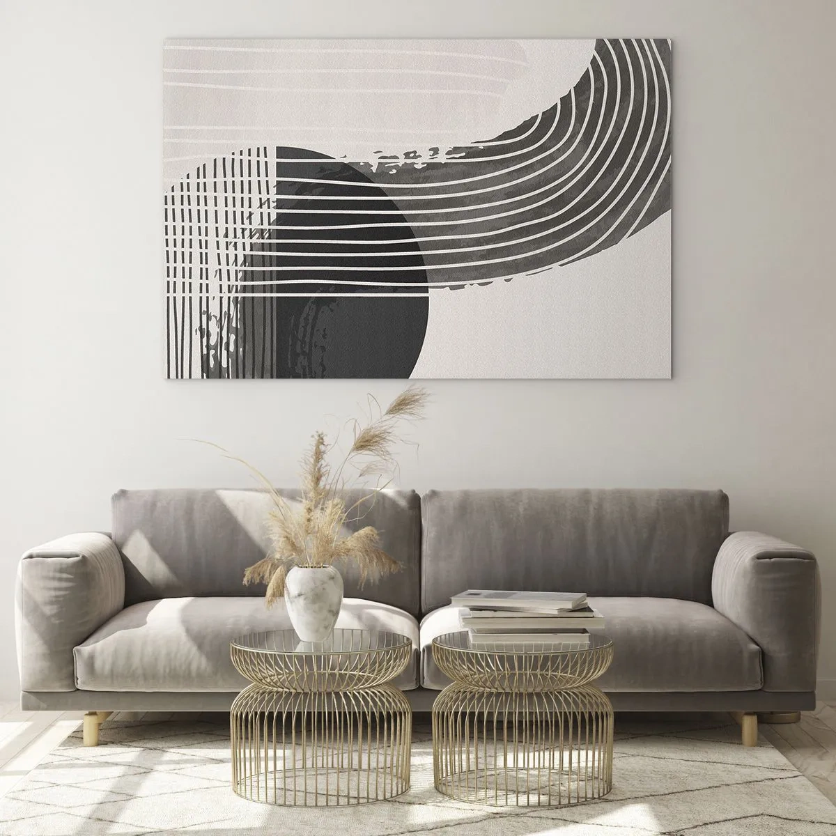 Üveg kép - Fekete-fehér absztrakció vonalakkal és geometriai alakzatokkal - 70x50cm - Oda és vissza - Modern fali dekoráció nappalihoz és hálószobához ARTTOR