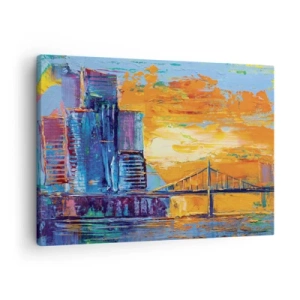 Vászonkép - Egy színes város egy híddal a lenyugvó napban - 70x50cm - Kultúra és természet - Modern fali dekoráció nappalihoz és hálószobához ARTTOR
