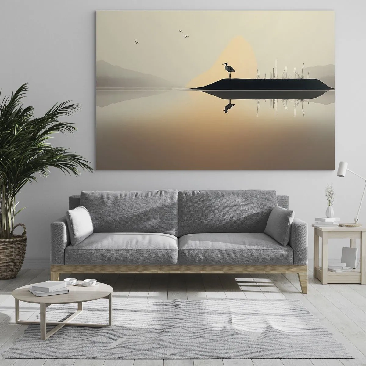 Üveg kép - Egy gém áll egy szigeten egy tó nyugodt vizében - 70x50cm - Ember a tavon - Modern fali dekoráció nappalihoz és hálószobához ARTTOR