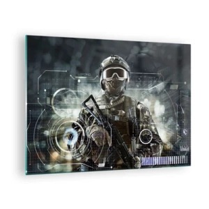 Üveg kép - Egy katona taktikai felszerelésben egy futurisztikus kezelőfelület hátterében. - 70x50cm - Erő a köbön - Modern fali dekoráció nappalihoz és hálószobához ARTTOR