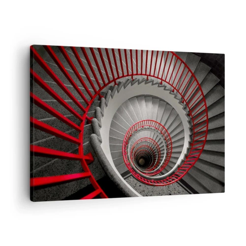 Vászonkép - Dinamikus perspektívában piros korláttal ellátott csigalépcső - 70x50cm - Építészeti játékok - Modern fali dekoráció nappalihoz és hálószobához ARTTOR