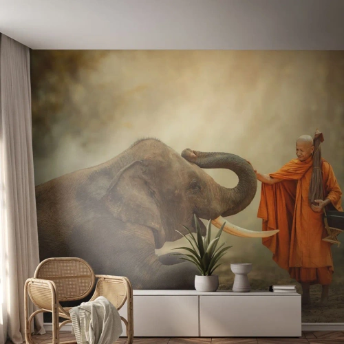 Fotótapéta Premium Sand - Találkozás az utazáskor - Ázsia, Elefánt, Szerzetes - 150x105 cm