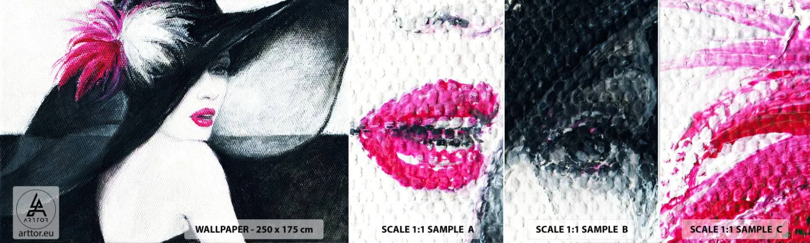 Fotótapéta Minta Öntapadós Deluxe Sticker - Mindig titok - Nő Kalapban, Női Arc, vörös ajkak - 100x30 cm