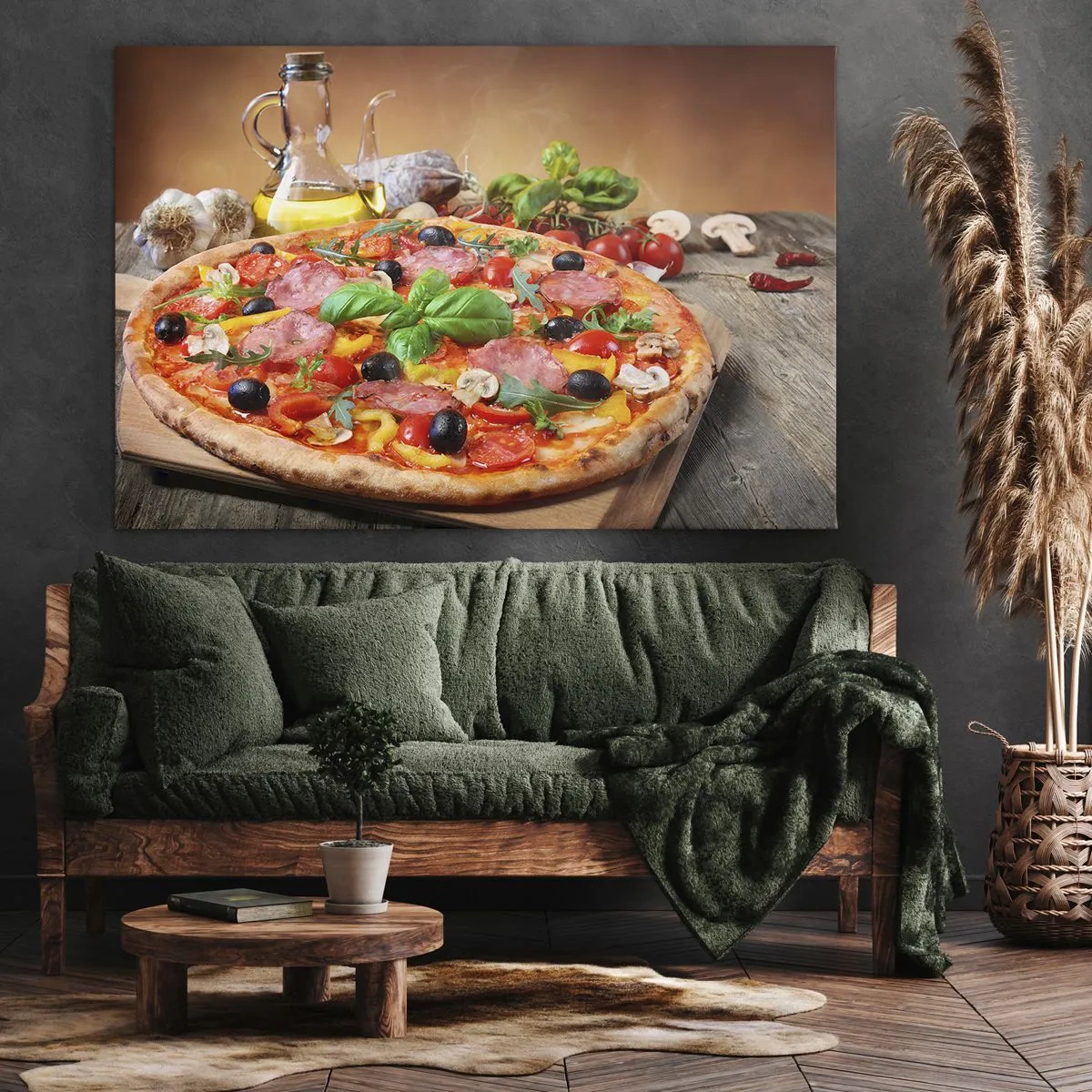 Vászonkép - Ínycsiklandozó pizza egy fából készült asztalon feltétekkel - 70x50cm - Igazi olasz ízzel - Modern fali dekoráció nappalihoz és hálószobához ARTTOR