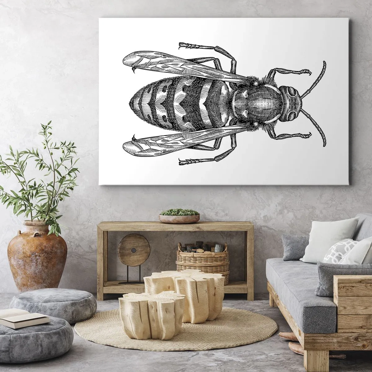 Vászonkép - Egy rajzfilm darázs motívum fehér alapon, minimalista stílusban. - 70x50cm - Egy rovar bolygóról - Modern fali dekoráció nappalihoz és hálószobához ARTTOR