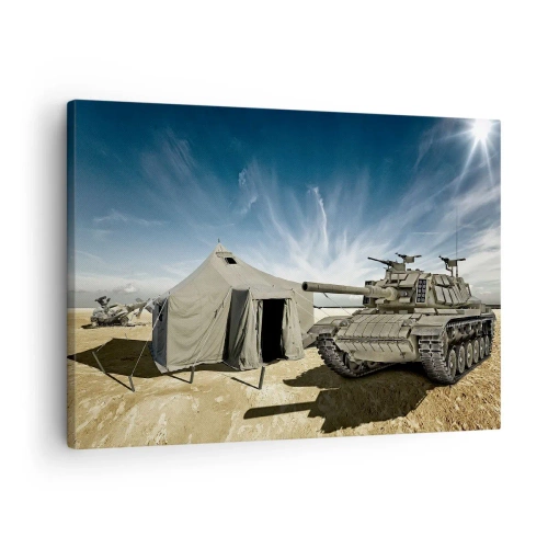 Vászonkép - Egy tank egy katonai sátor mellett egy sivatagi területen - 70x50cm - Katonai álom - Modern fali dekoráció nappalihoz és hálószobához ARTTOR