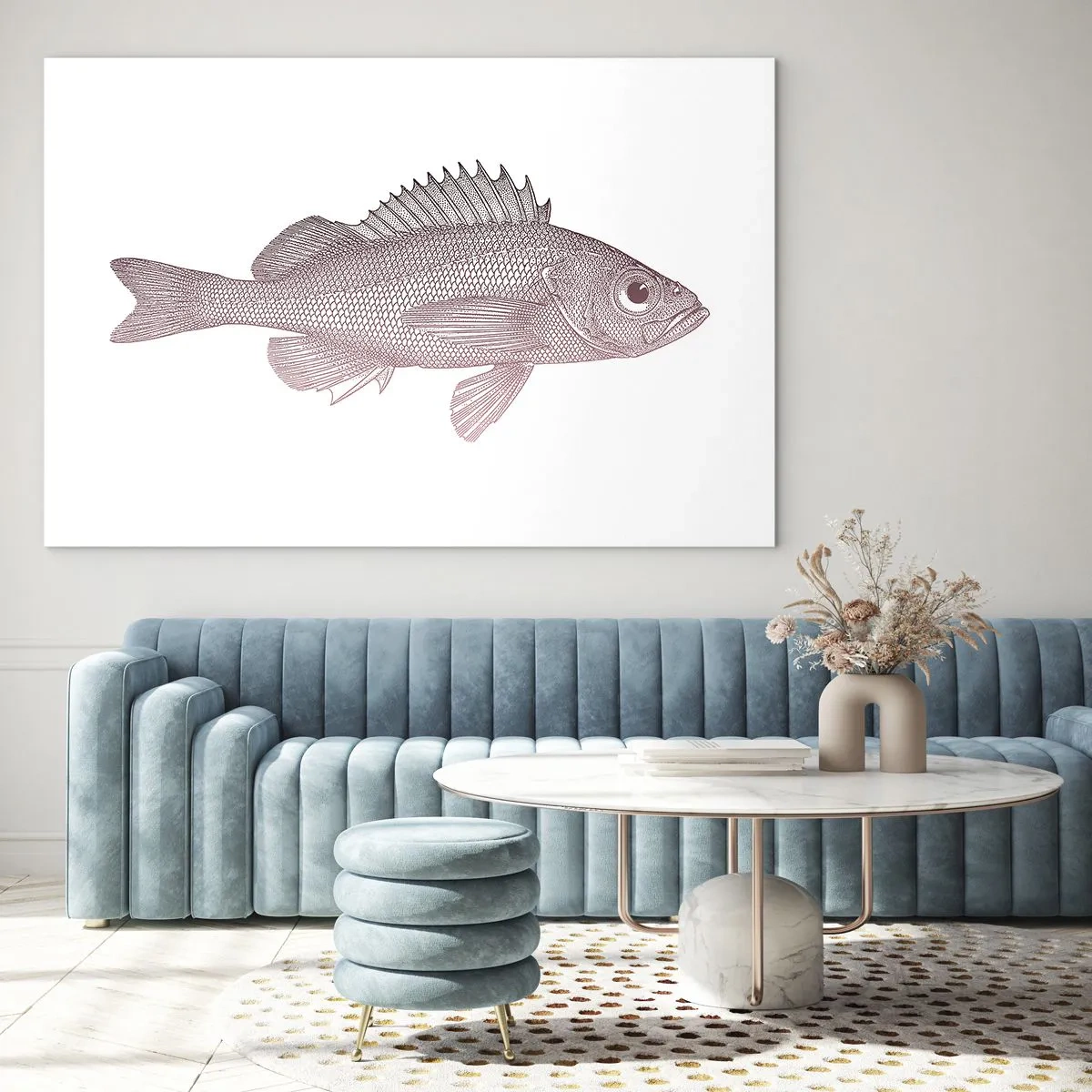 Üveg kép - Egy hal grafikája nagy szemmel, retró stílusban, fehér alapon - 70x50cm - Nagyszemű hal - Modern fali dekoráció nappalihoz és hálószobához ARTTOR