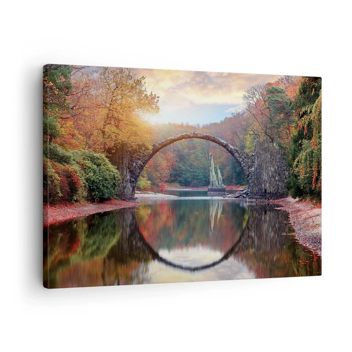 Vászonkép - Egy kőhíd őszi tájban, nyugodt víz felett - 70x50cm - A tükör másik oldalán - Modern fali dekoráció nappalihoz és hálószobához ARTTOR