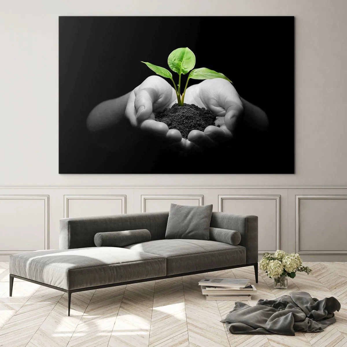 Üveg kép - Egy fiatal növény a kezében, fekete háttér előtt - 70x50cm - Szeretem a természetet, védem azt - Modern fali dekoráció nappalihoz és hálószobához ARTTOR