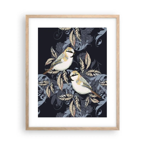 Poszter világos tölgy keretben - Sárga-kék madárdal - 40x50 cm