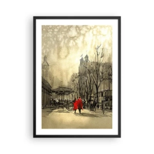 Poszter fehér keretben - Egy piros kabátos alak egy téli város hátterében - 50x70cm - Egy randevú a londoni ködben  - Modern fali dekoráció nappalihoz és hálószobához ARTTOR
