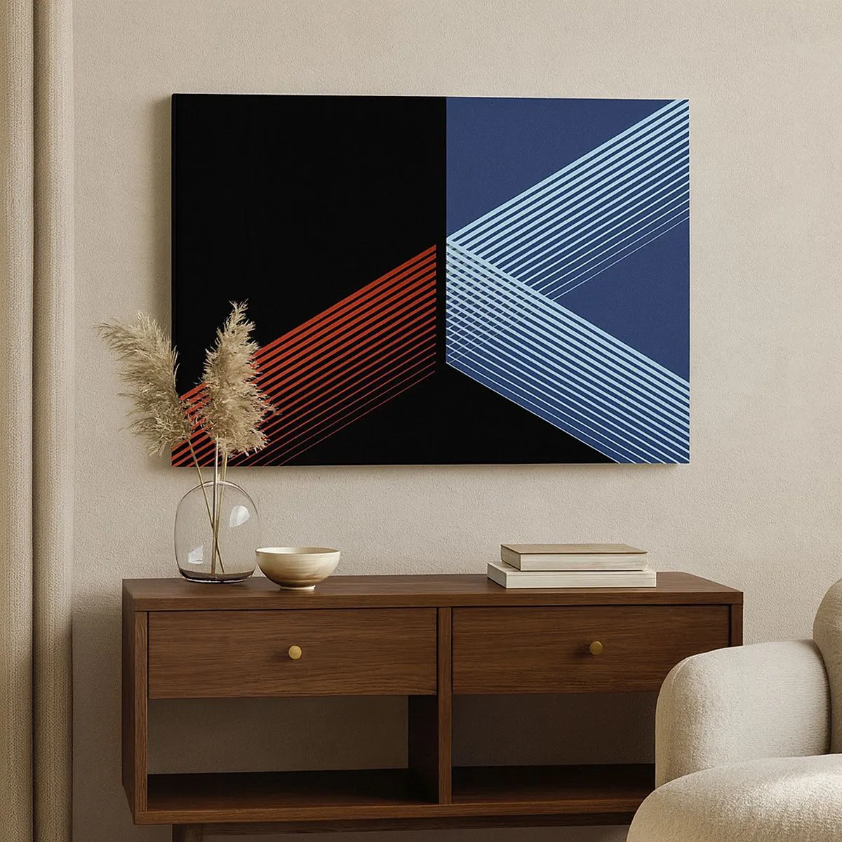 Vászonkép - Geometriai vonalak vörös és kék árnyalatokban - 70x50cm - Egyszerű történet - Modern fali dekoráció nappalihoz és hálószobához ARTTOR