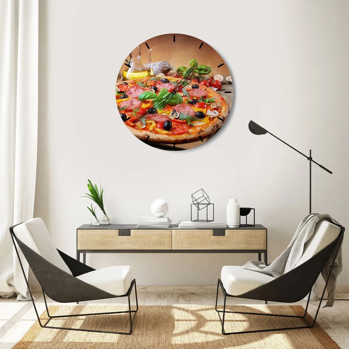 Falióra, Óra - Ínycsiklandozó pizza feltétekkel egy fából készült asztalon - 30x30cm - Igazi olasz ízzel - Modern fali dekoráció nappalihoz, konyhához és hálószobához ARTTOR