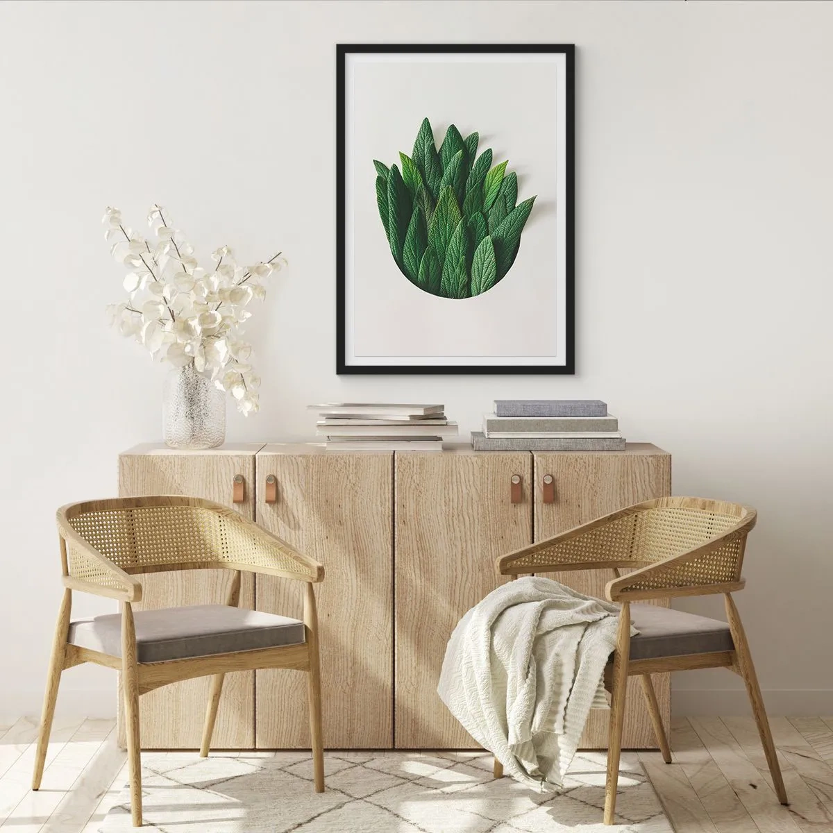 Poszter fehér keretben - Levelek művészi kompozícióban fehér alapon - 50x70cm - Féktelen kíváncsiság - Modern fali dekoráció nappalihoz és hálószobához ARTTOR