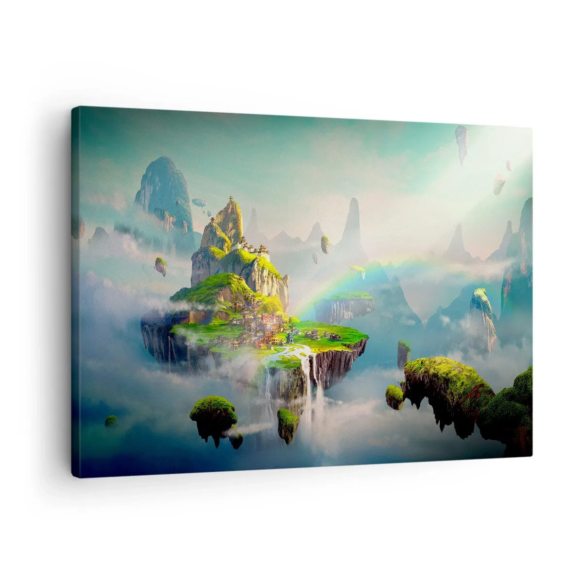 Vászonkép - Repülő szigetek a felhők között, szivárvánnyal a horizonton - 70x50cm - Az ég közepén - boldog szigetek - Modern fali dekoráció nappalihoz és hálószobához ARTTOR