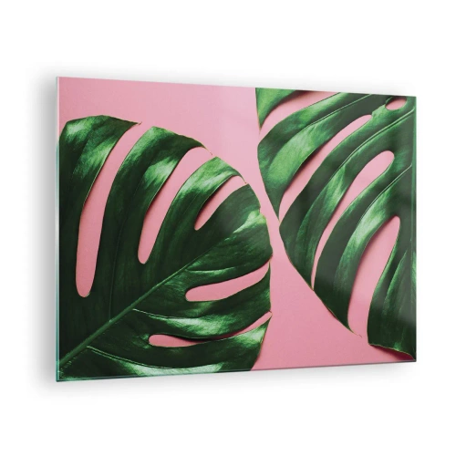 Üveg kép - Zöld monstera levelek rózsaszín háttéren - 70x50cm - Zöld rendez-vous - Modern fali dekoráció nappalihoz és hálószobához ARTTOR