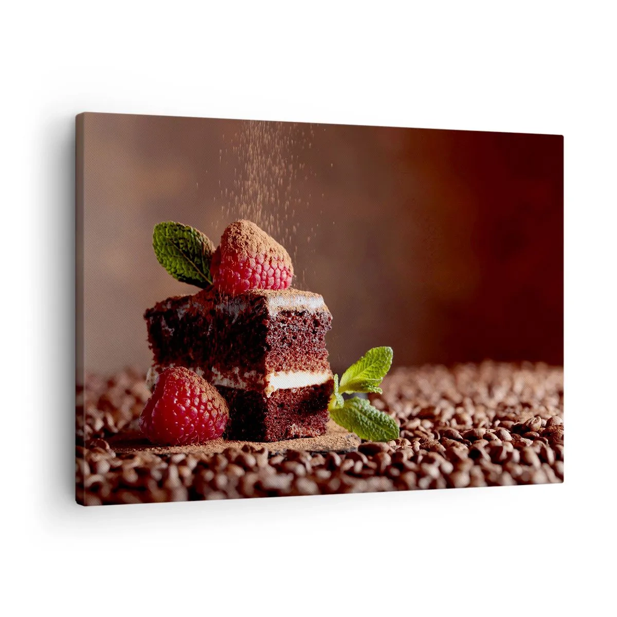 Vászonkép - Csokoládé torta málnával és mentával, kakaóbab háttéren - 70x50cm - Az élet édes - Modern fali dekoráció nappalihoz és hálószobához ARTTOR