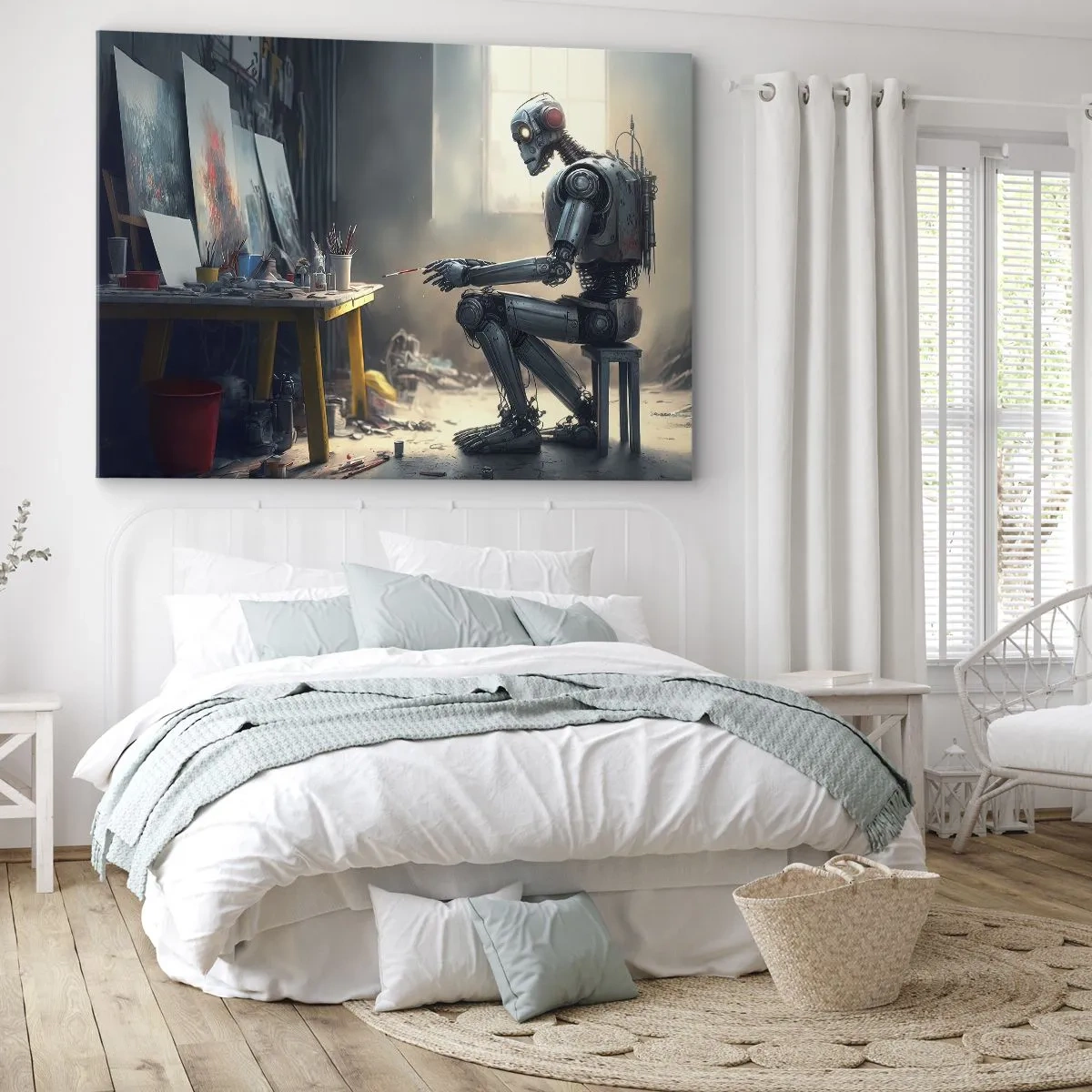 Vászonkép - Egy robot fest egy képet egy művészeti stúdióban - 70x50cm - Az alkotás aktusa - Modern fali dekoráció nappalihoz és hálószobához ARTTOR